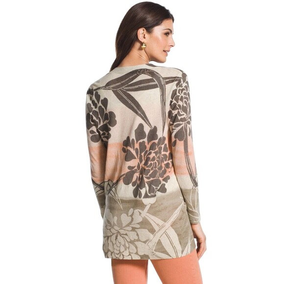 CHICOS 570162827 Tan Pink Floral Print Ninette Linen Cardigan SIZE 0 US SMALL 4 - Picture 2 of 16